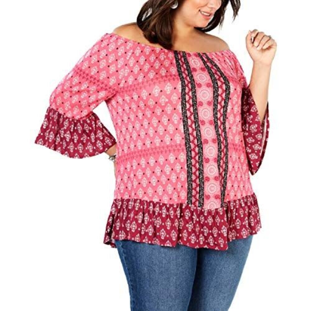 Style & Co Plus Size Mixed Print Off The Shoulder Top